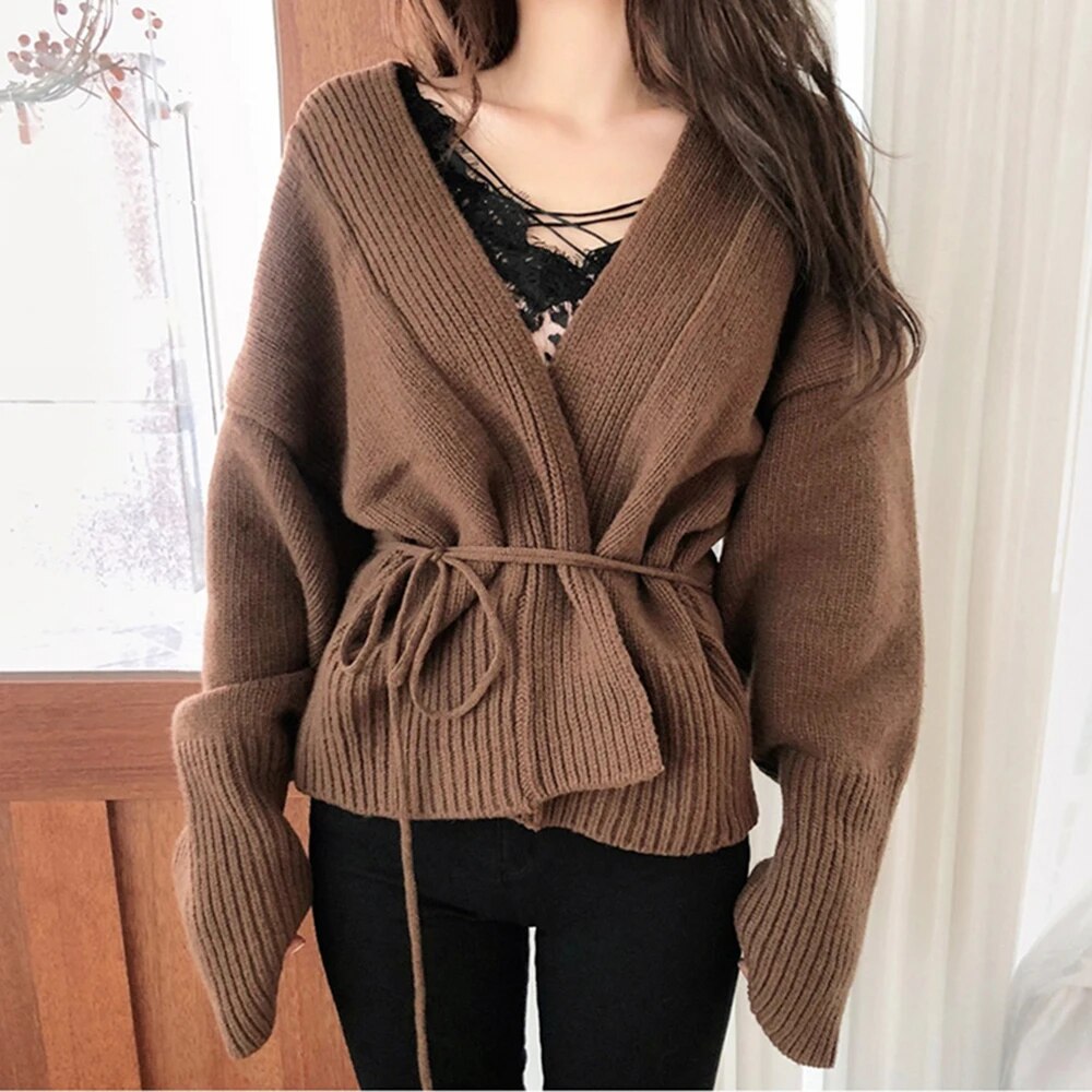 Korean Fashion Solid Sweater For Women V Neck Long Sleeve