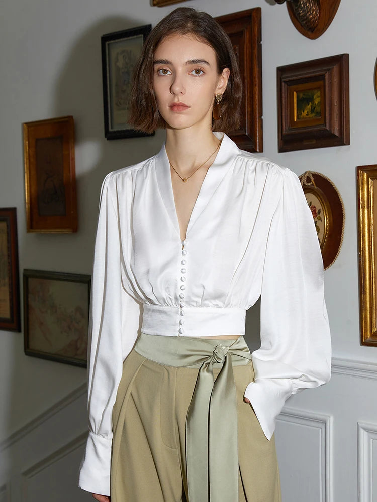 Elegant White Shirt For Women V Neck Long Sleeve Solid Minimalist