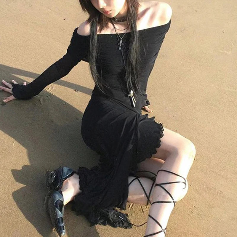 Grunge Off Shoulder Vacation Maxi Dress Women Fairycore Ruffles Gothic –  wanahavit