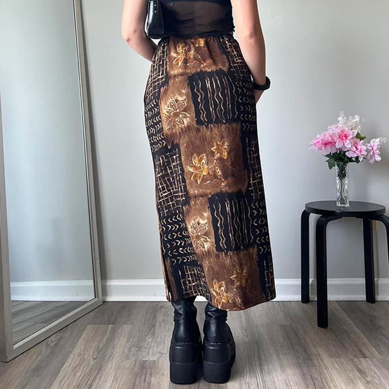 Grunge Fairycore Y2K Long Skirt Female Graphic Printing Vintage