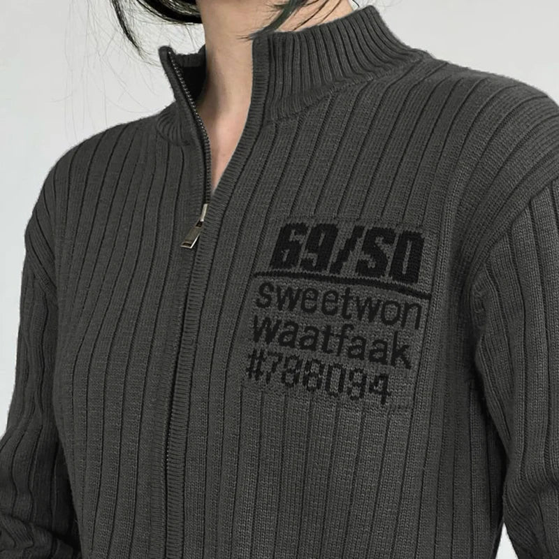 WomenZip Up Sweater Jakcet Lapel Knitted Sweatshirt Crop Sweater