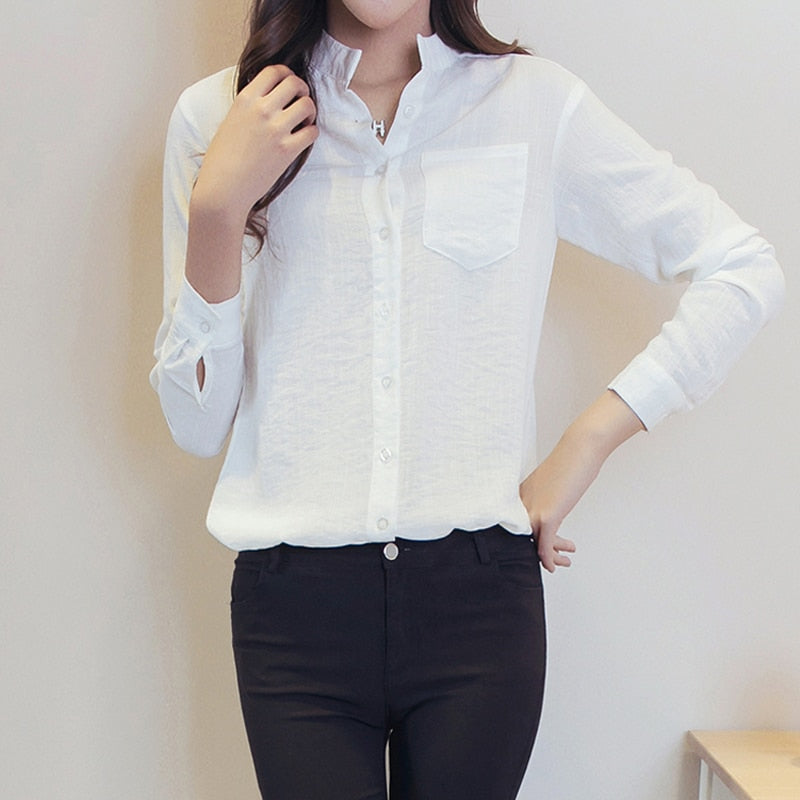 Autumn Women White Shirt Long Sleeve Fashion Stand Collar Cotton Linen –  wanahavit