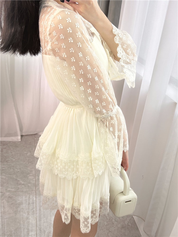 Patchwork Lace Dresses For Women V Neck Long Sleeve High Waist Elegant –  wanahavit