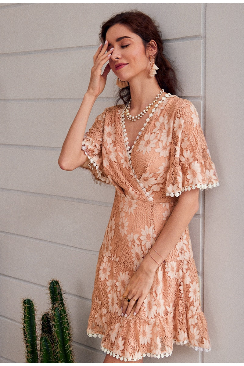 Women V-neck Print Winter Ruffled Sleeve Solid Pink Midi Dress – wanahavit Women V-neck Print Winter Ruffled Sleeve Solid Pink Midi Dress – wanahavit