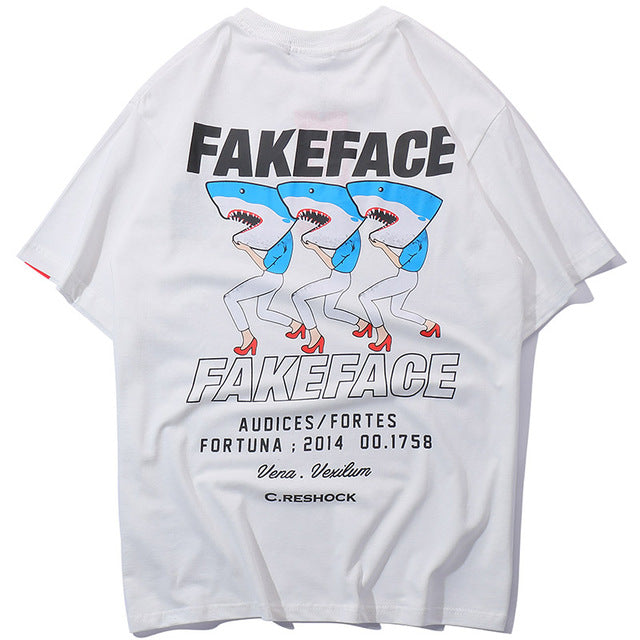 Fake Face Shark Printed Hip Hop Streetwear Loose Tees