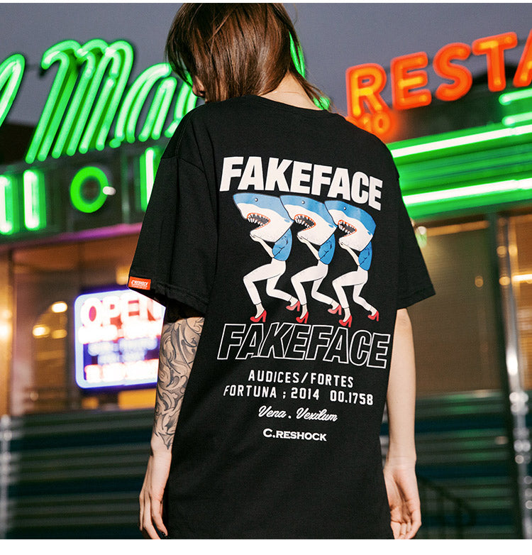 Fake Face Shark Printed Hip Hop Streetwear Loose Tees