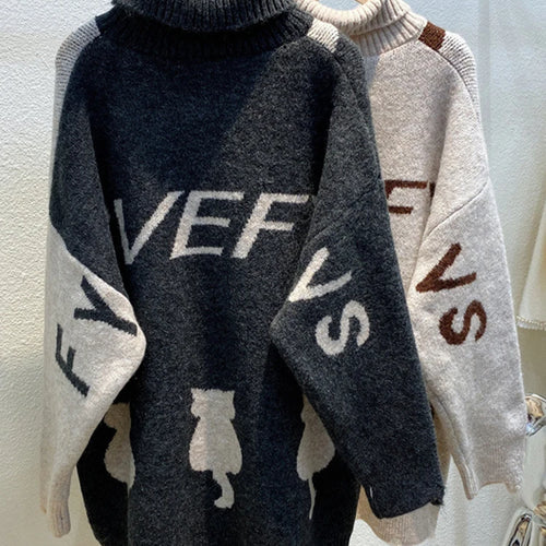 Load image into Gallery viewer, Women&#39;s Oversized Sweater Knitted Autumn Winter Turtleneck Cute Cat Print Knit Pullover Warm Sweaters for Women C-062
