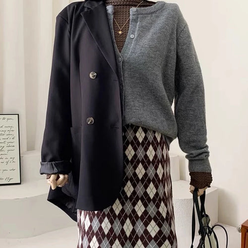 Load image into Gallery viewer, Vintage Rhombus Plaid Knitting Mini Skirt Fashion Women High Waist Bodycon One Step Sweater Skirt Jacquard B-007

