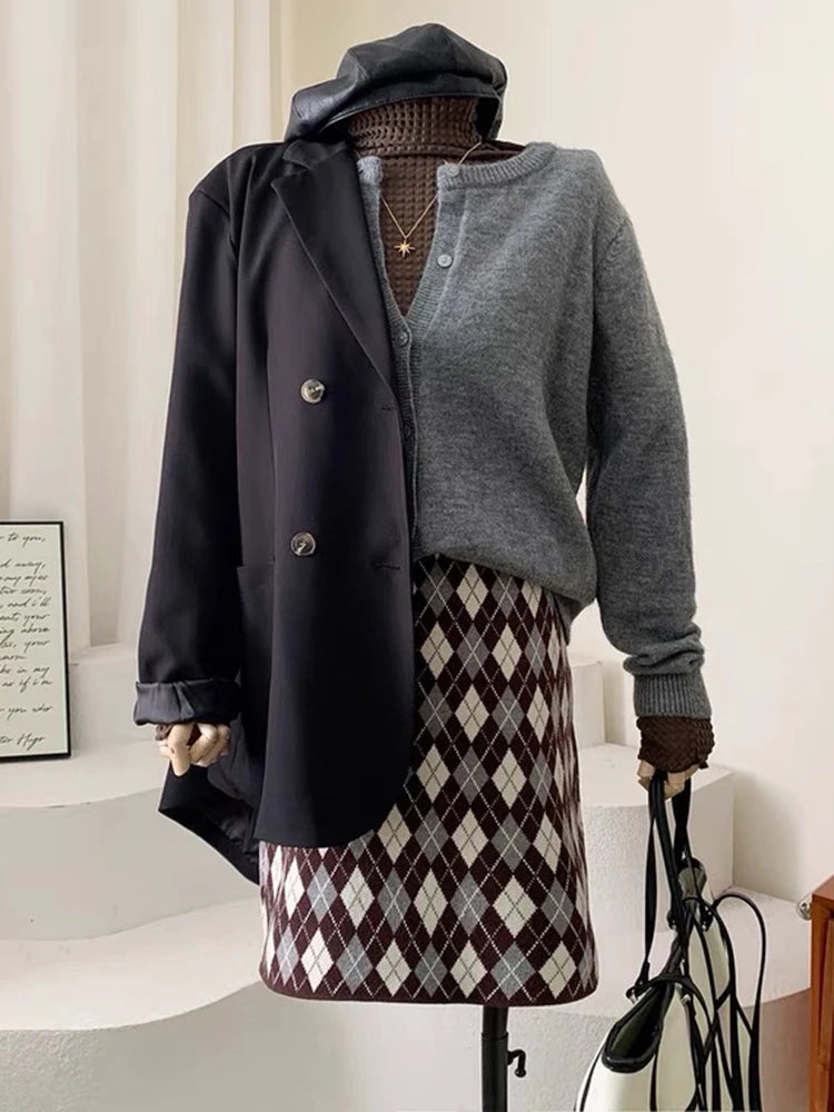 Vintage Rhombus Plaid Knitting Mini Skirt Fashion Women High Waist Bodycon One Step Sweater Skirt Jacquard B-007