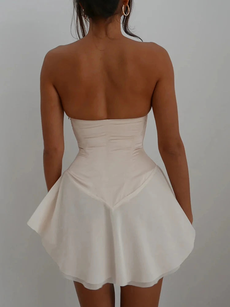 Satin Lace Up Illusion Mini Dress Women Vintage Strapless Bodycon Slim Sleeveless Dresses Elegant Party Evening Gown