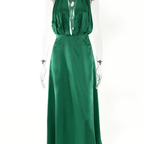 Load image into Gallery viewer, Satin Sexy Deep V-neck Halter Women Dress Green Backless High Slit Dress Women Summer Skinny Fashion Party Clubwear 2022
