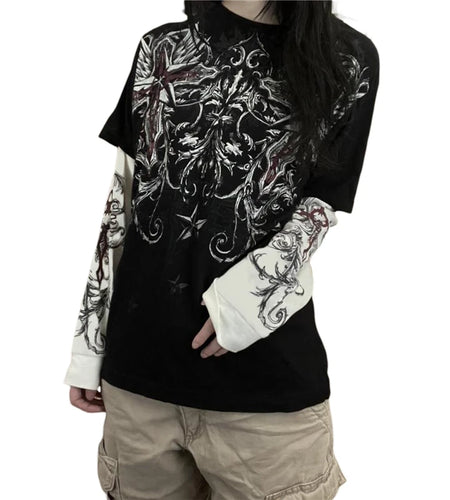 Gothic Tops Women Vintage Graphic Print Patchwork Long Sleeve T Shirts y2k Dark Academia Aesthetic Clothes Streetwear
