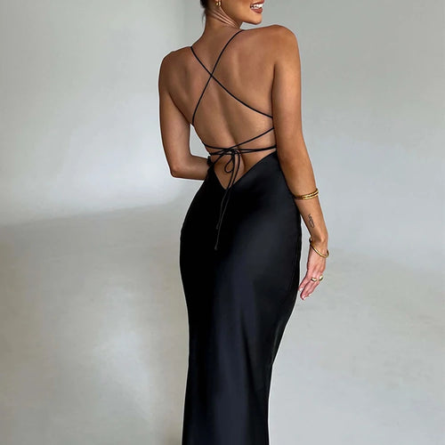 Load image into Gallery viewer, Satin Backless Lace Up Mermaid Slip Dress Women Sweetheart Neck Sexy Slim Bodycon Dresses Elegant Silk Gown Partywear
