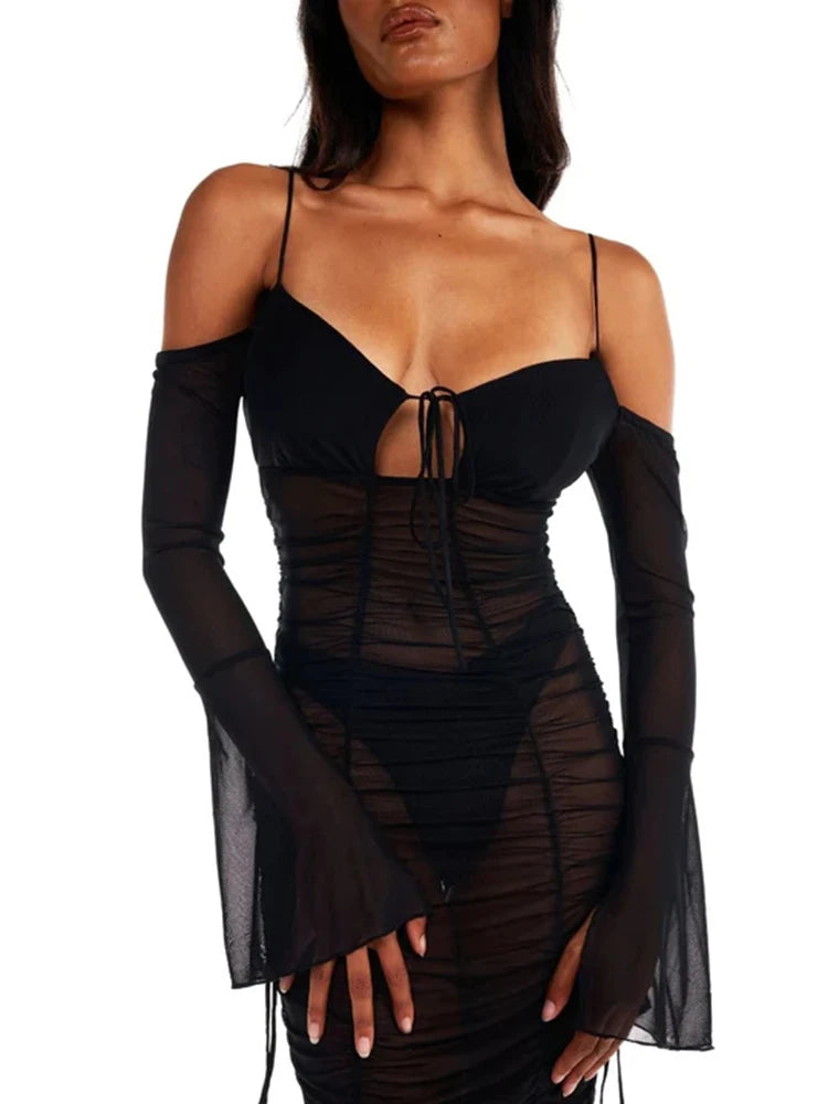 Sexy Sheer Pleated Draw String Dress Women Camisole Backless Bodycon Dress Elastic Pleated Casual Party Streetwear