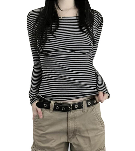 Vintage Aesthetic Striped Top Grunge Fairycore Casual Long Sleeve T Shirt y2k Women Clothes 2000s Tee Autumn Streetwear