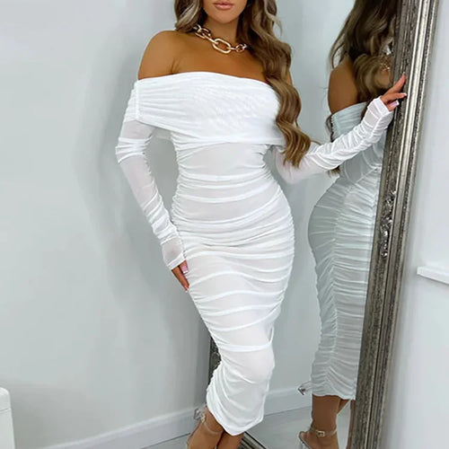 Load image into Gallery viewer, Mesh Sheer Off Shoulder Midi Party Dress Women Spring Elegant Long Sleeve Ruched Bodycon Dresses White Backless Vestidos
