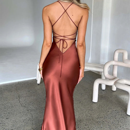 Load image into Gallery viewer, Satin Backless Lace Up Mermaid Slip Dress Women Sweetheart Neck Sexy Slim Bodycon Dresses Elegant Silk Gown Partywear
