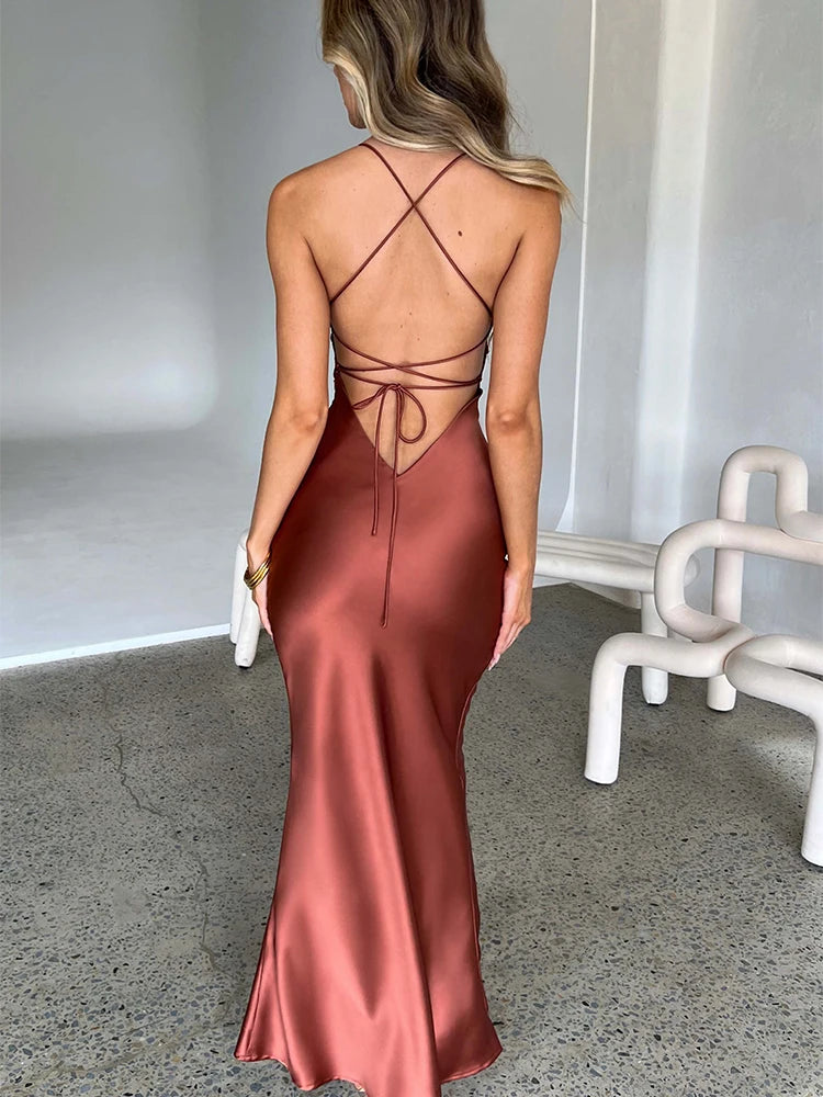 Satin Backless Lace Up Mermaid Slip Dress Women Sweetheart Neck Sexy Slim Bodycon Dresses Elegant Silk Gown Partywear