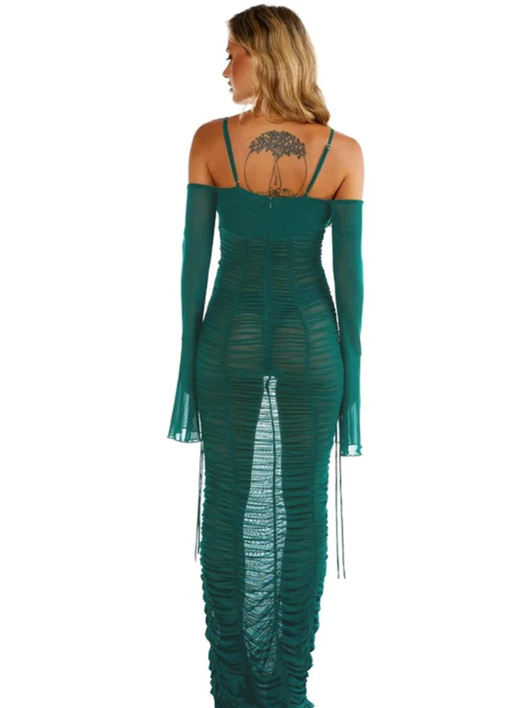 Sexy Sheer Pleated Draw String Dress Women Camisole Backless Bodycon Dress Elastic Pleated Casual Party Streetwear