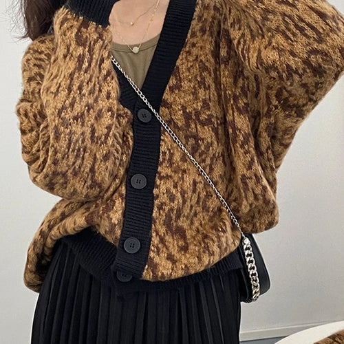 Load image into Gallery viewer, Spring Leopard Patchwork Cardigan Single Breasted Oversized Jacket Loose Warm Knitted Cardigan for Women C-047
