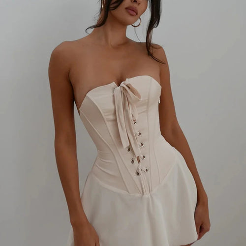 Load image into Gallery viewer, Satin Lace Up Illusion Mini Dress Women Vintage Strapless Bodycon Slim Sleeveless Dresses Elegant Party Evening Gown
