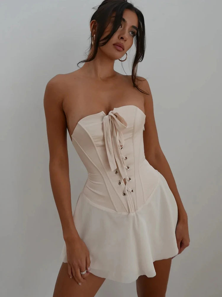 Satin Lace Up Illusion Mini Dress Women Vintage Strapless Bodycon Slim Sleeveless Dresses Elegant Party Evening Gown