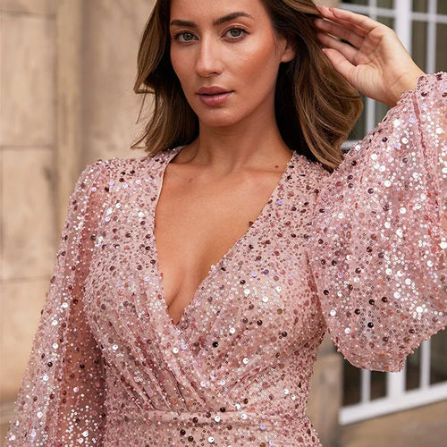Load image into Gallery viewer, V-Neck Pearl Sequins Mini Dress Women Lantern Long Sleeves Elegant Slim Bodycon Sexy Wrap Skirt Evening Dresses Clubwear
