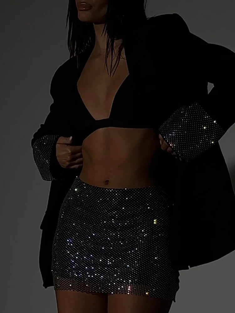 Women's Diamond Loose Blazer, Low Waist Skirt Set, Bright Mesh, Hollow Out Wrap Skirt, Long Sleeve, Shoulder Pads Blazer