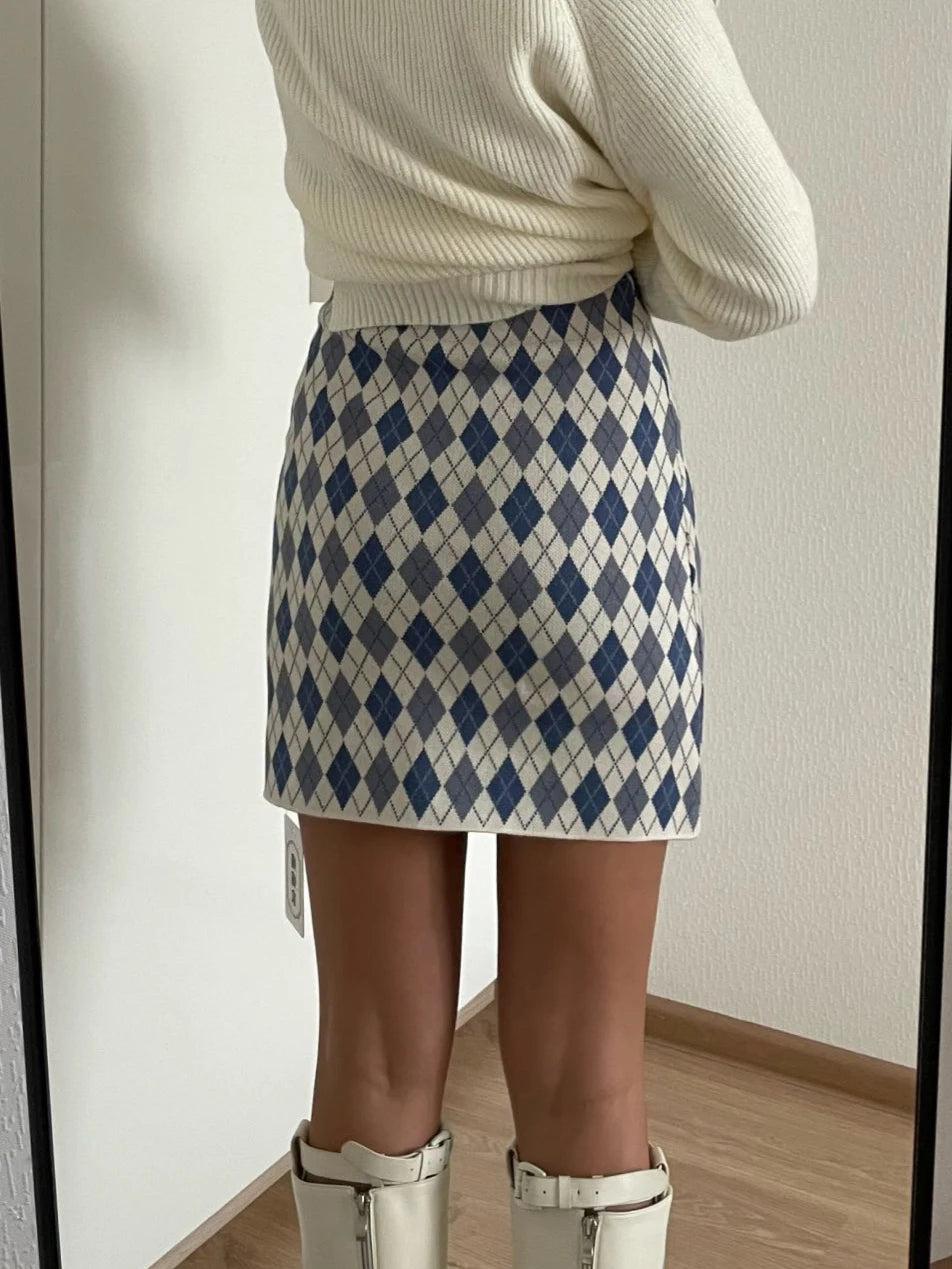 Vintage Rhombus Plaid Knitting Mini Skirt Fashion Women High Waist Bodycon One Step Sweater Skirt Jacquard B-007