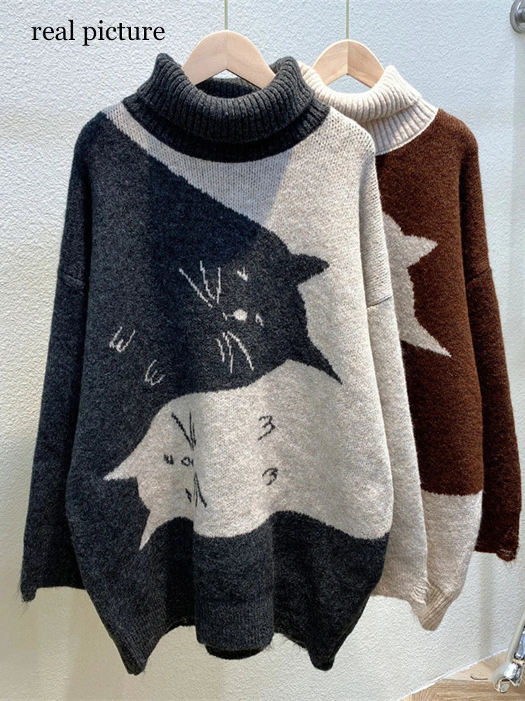 Women's Oversized Sweater Knitted Autumn Winter Turtleneck Cute Cat Print Knit Pullover Warm Sweaters for Women C-062