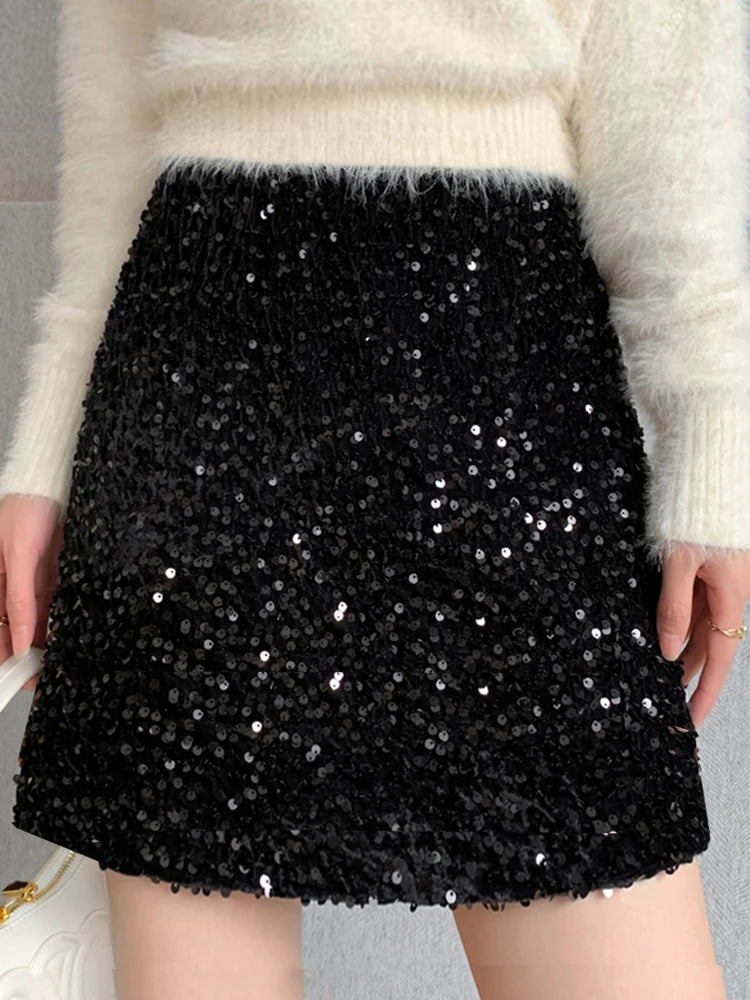 Trendy Shiny Sequins Short Skirts for Women Sexy Double-layer Solid Short Bottom Nightclub Party Festival Sparkly Skirt C-228