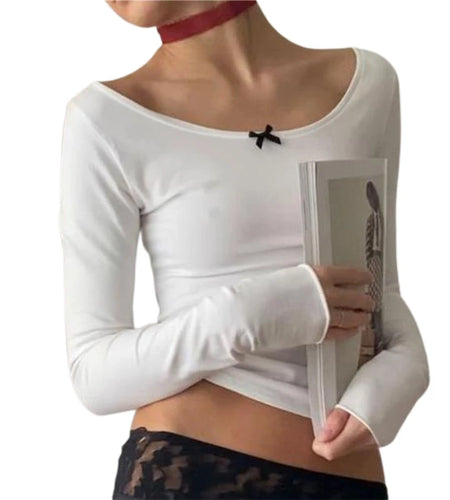 2000s Clothes y2k Crop Top Women Fairycore Grunge Long Sleeve Off Shoulder T Shirt with Bow Kawaii Cute Tees Streetwear