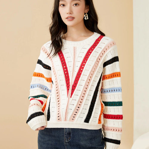 Load image into Gallery viewer, Hollow Out Crothet Knitwear Batwing Sleeve Sweater Luxury Designer Clothes Asymmetric Striped Colorful Loose Pullover C-057
