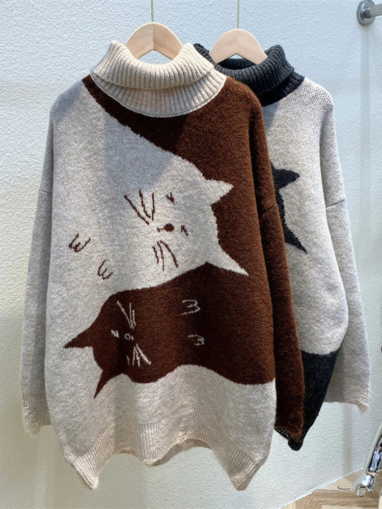 Women's Oversized Sweater Knitted Autumn Winter Turtleneck Cute Cat Print Knit Pullover Warm Sweaters for Women C-062