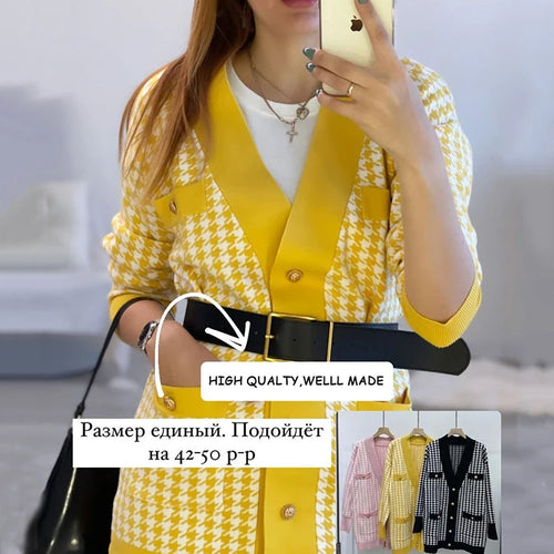 Load image into Gallery viewer, Casual Long Knitted Pink Cardigan Female Autumn Winter Drop Shoulder Sweater Coat Basic Button Women&#39;s Houndstooth Tops C-162
