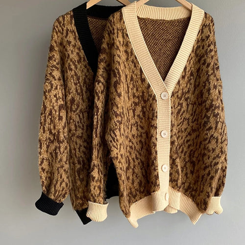 Load image into Gallery viewer, Spring Leopard Patchwork Cardigan Single Breasted Oversized Jacket Loose Warm Knitted Cardigan for Women C-047
