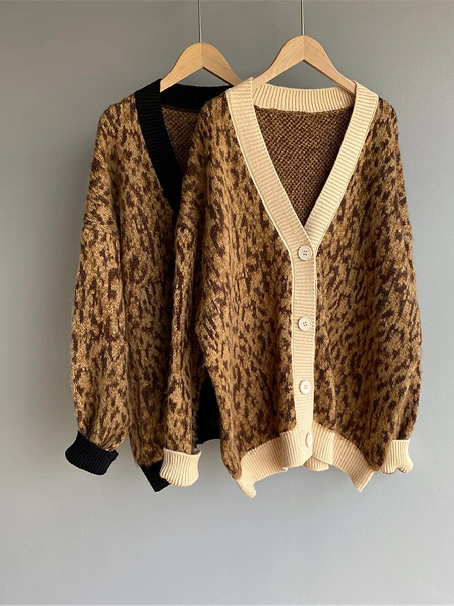 Spring Leopard Patchwork Cardigan Single Breasted Oversized Jacket Loose Warm Knitted Cardigan for Women C-047