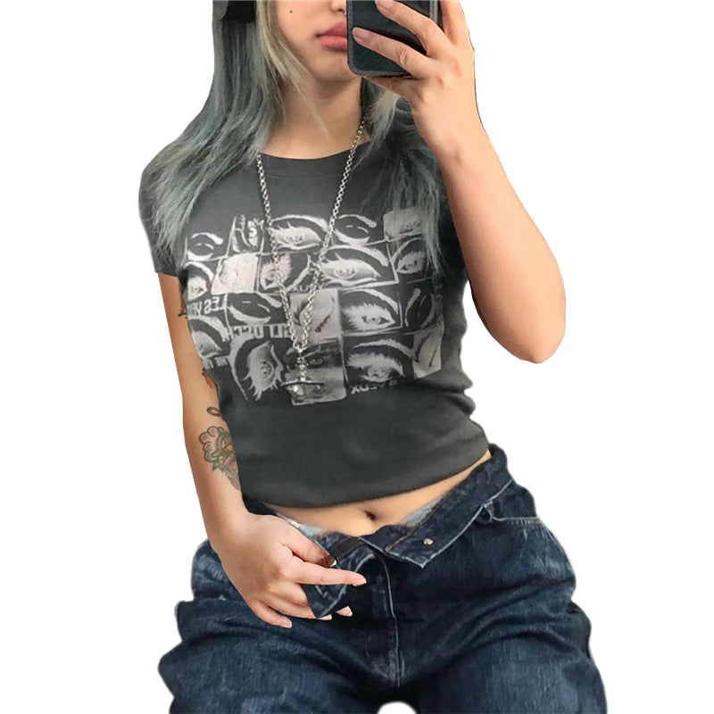 Y2k Aesthetic Grunge Goth T-shirt Tee Female Clothing Y2k Graphic Print Long Sleeve Tops Harajuku Clothes Streetwear