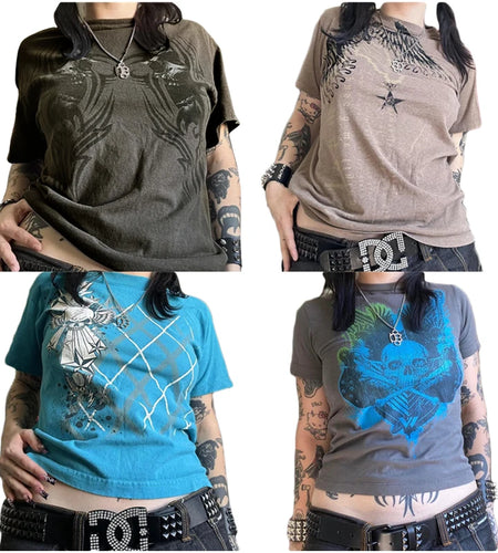 Cyber y2k Shirt 2000s Women Skull Print O Neck Short Sleeve Tops Aesthetic E Girl Clothes Mall Goth Clothing Streetwear