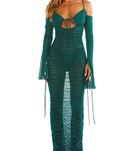 Sexy Sheer Pleated Draw String Dress Women Camisole Backless Bodycon Dress Elastic Pleated Casual Party Streetwear