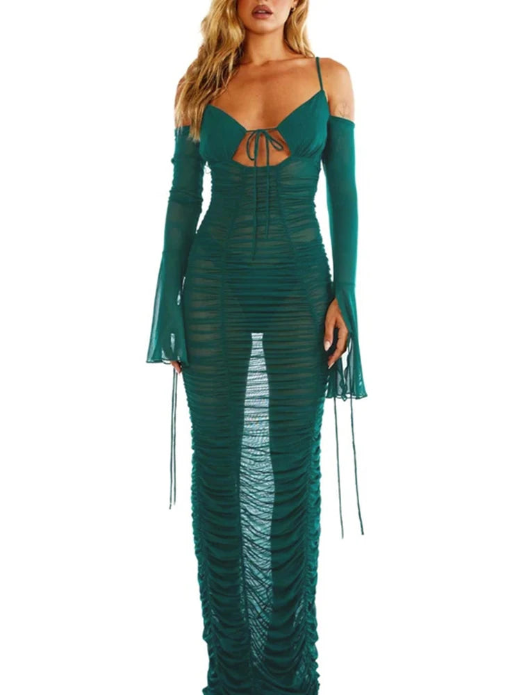 Sexy Sheer Pleated Draw String Dress Women Camisole Backless Bodycon Dress Elastic Pleated Casual Party Streetwear