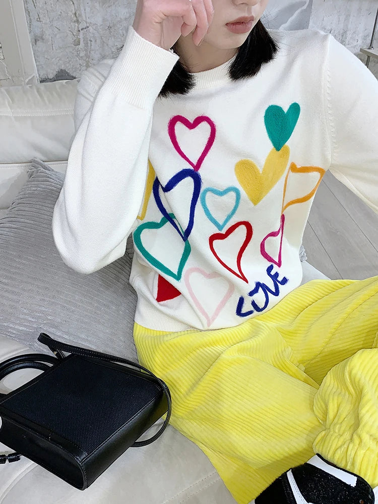 Spring Women Lovely Sweater O-Neck Colorful Candy Color Heart Embroidery Knitwear Slim All-Match Pullover Femme C-066