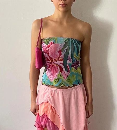 Tube Top y2k Clothes Women Summer Floral Print Off Shoulder Strapless Sleeveless Beadeau Fairycore Clothing Streetwear