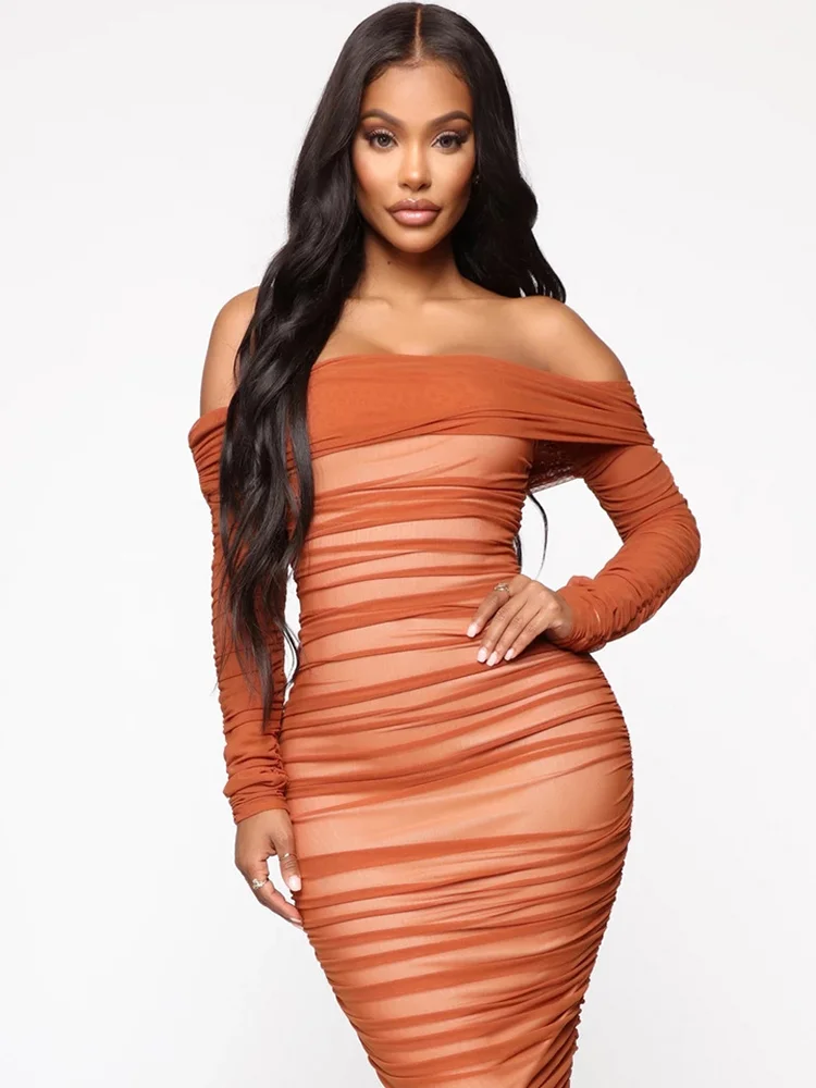 Mesh Sheer Off Shoulder Midi Party Dress Women Spring Elegant Long Sleeve Ruched Bodycon Dresses White Backless Vestidos