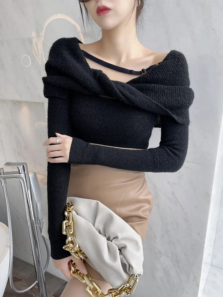 Casual Slim Knitted Pullovers For Women Slash Neck Long Sleeve Elegant Sweater Female Fashion Clothing