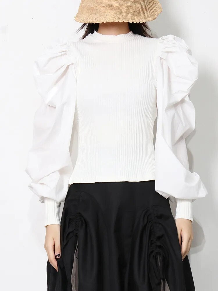 Patchwork Knitting Ruffle White Women's Sweaters O Neck Puff Sleeve Female Sweater Spring Big Size Fashion