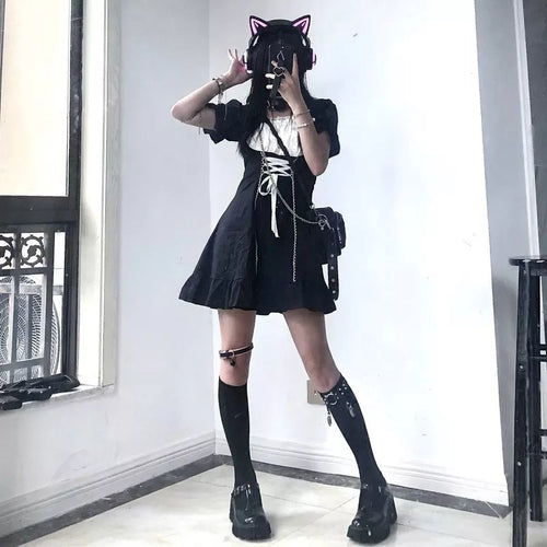 Load image into Gallery viewer, Goth Maid Dress Kawaii Gothic Milkmaid  Lolita Outfit Cosplay Costume E Girl Puff Sleeve Bandage Dress Mall Goth Emo

