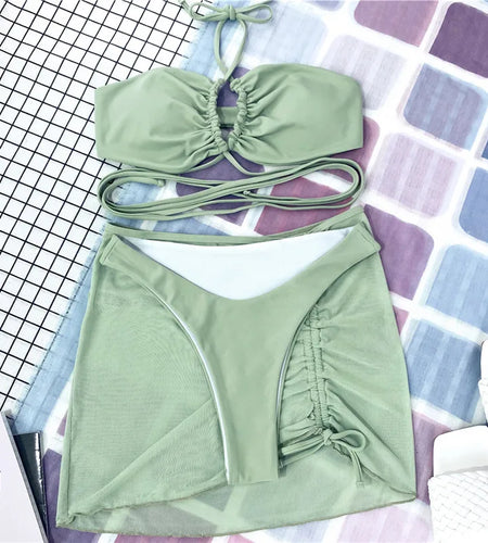 3 Pieces Cross Halter Bikinis Set 2024 Skirt Swimwear Women High Waist Drawstring Bandage Swimsuit Summer Biquini