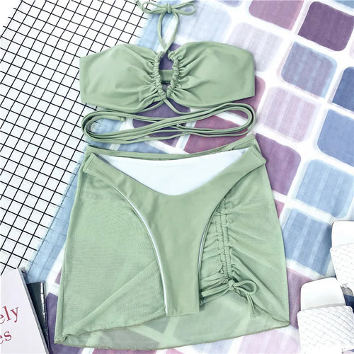 Load image into Gallery viewer, 3 Pieces Cross Halter Bikinis Set 2024 Skirt Swimwear Women High Waist Drawstring Bandage Swimsuit Summer Biquini
