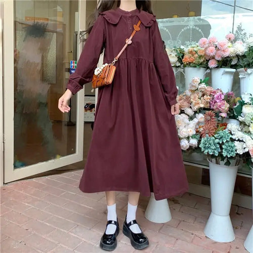 Load image into Gallery viewer, Japanese Kawaii Peter Pan Collar Dress Soft Mori Girl Long Sleev Midi Red Wine Dress Lolita Cute Clothes Autumn
